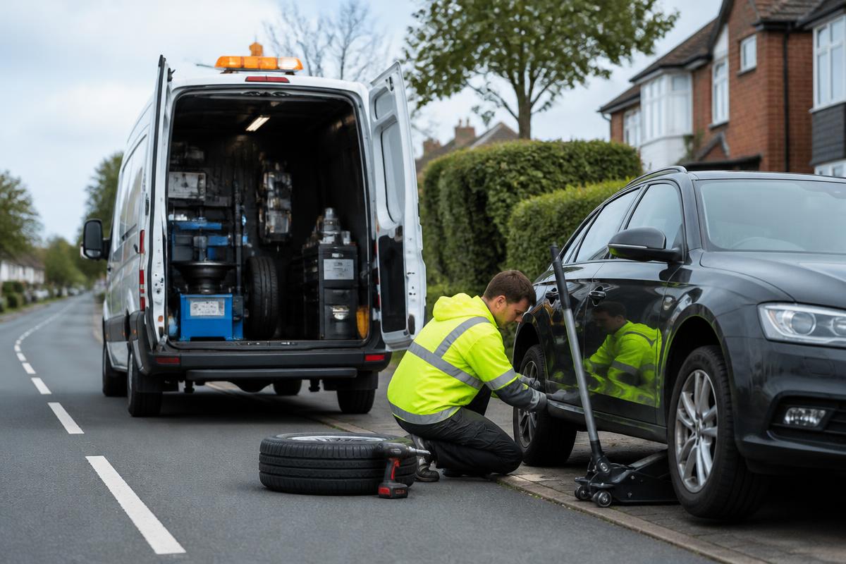 Mobile tyre fitting technician changing a tyre at the roadside